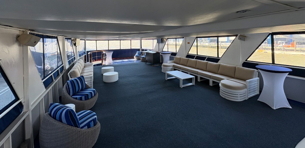 Interior Affinity Yacht Newly Renovated Blue and White Seating Area