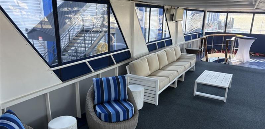 Interior Affinity Boat Charter Newly Renovated Blue and White Seating Area
